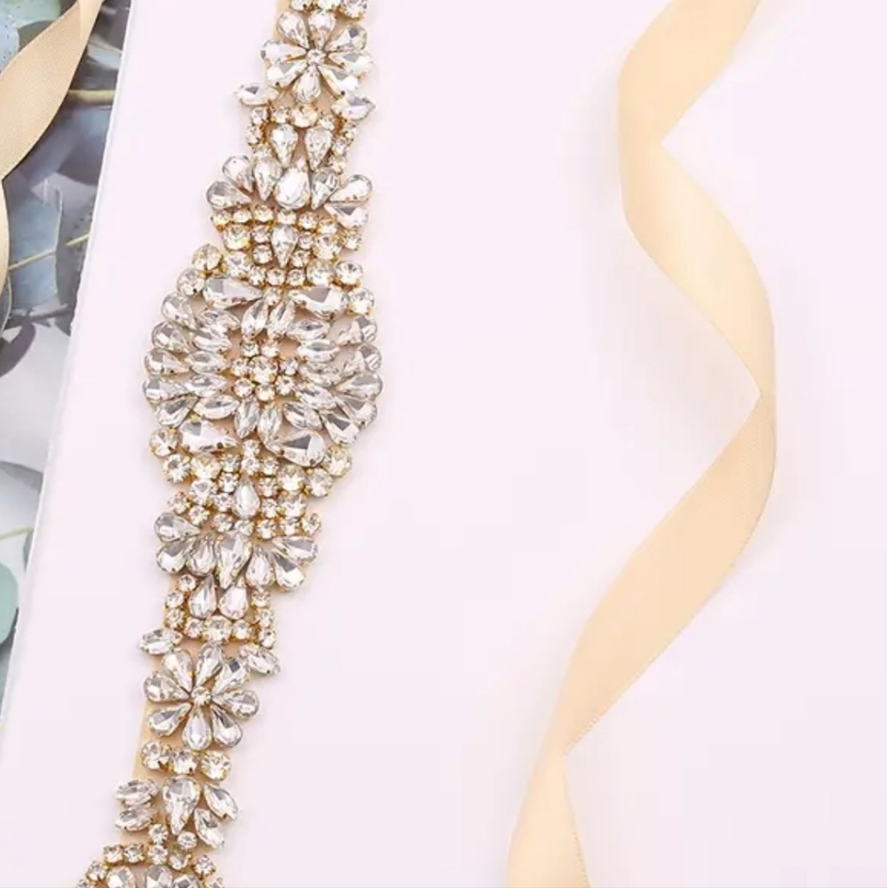 Bejeweled champagne satin bridal belt